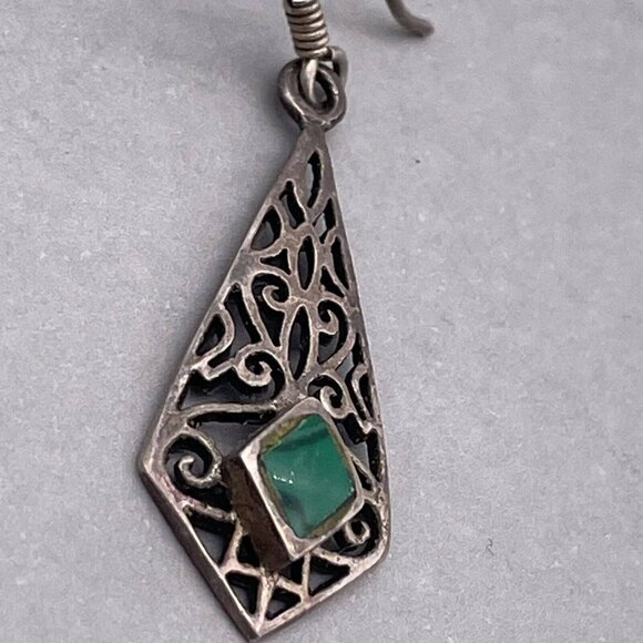 925 Sterling Silver Stone Filigree Dangle Drop Hook Earrings Oxidized Finish - Picture 4 of 7